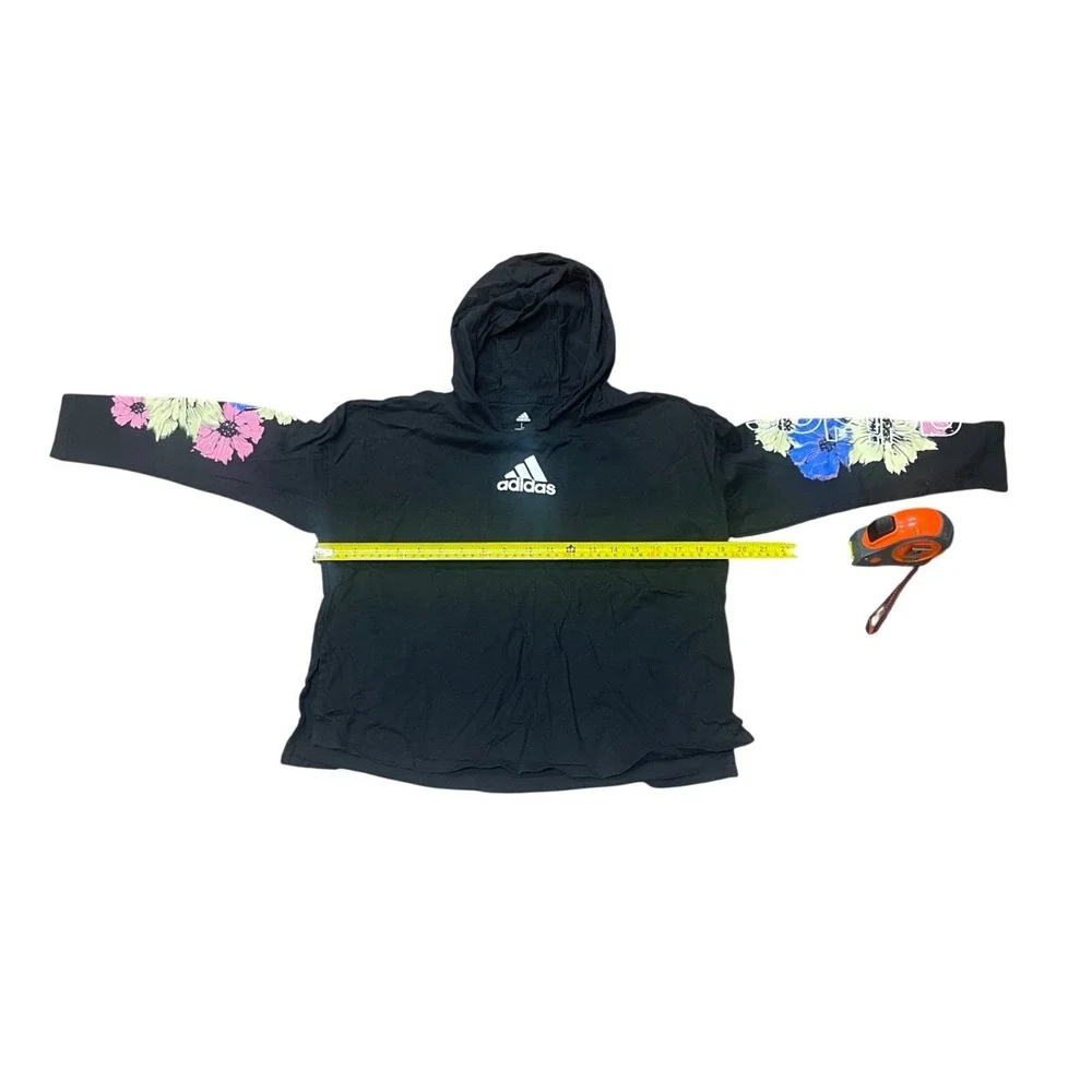 Adidas Girls Black Floral Sleeve Hooded Long Sleeve‎ T-Shirt Loose Fit Size L 14